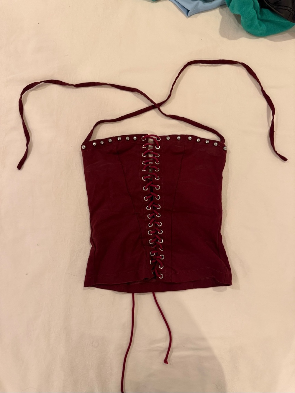Women's Burgundy Lace-Up Strapless Corset Top
